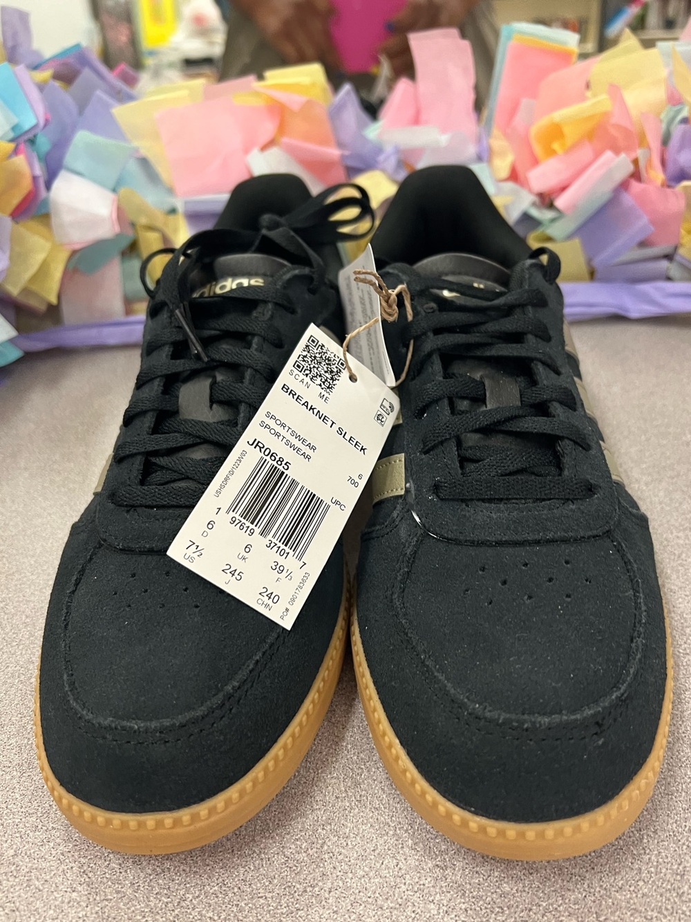 ❗️NWT❗️Adidas Sleeknet Black Suede Sneakers w/ Gold Stripes and Gum Sole - Picture 6 of 8